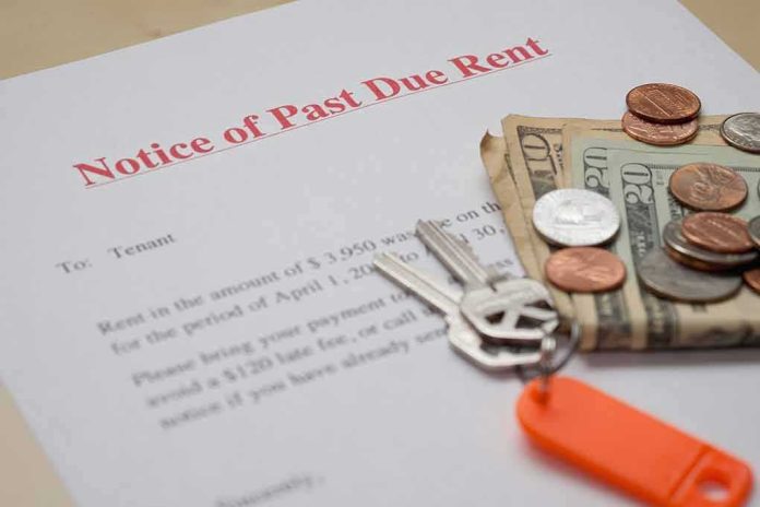 Past due rent notice with cash, coins, and house keys