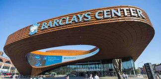 Barclays Center exterior with curved rust-colored facade