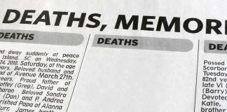 Newspaper obituaries section with deaths column