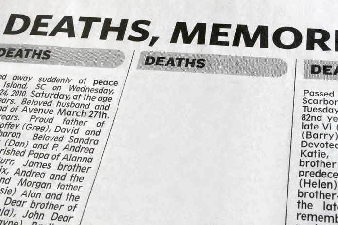 Newspaper obituaries section with deaths column