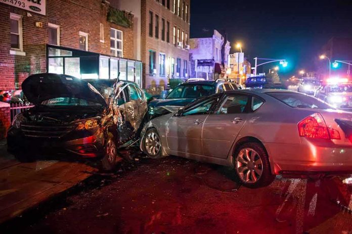 shutterstock_738738490-1 two cars collide on a city street at night