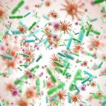 Colorful microscopic bacteria and viruses floating in space