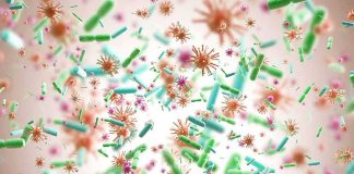 Colorful microscopic bacteria and viruses floating in space