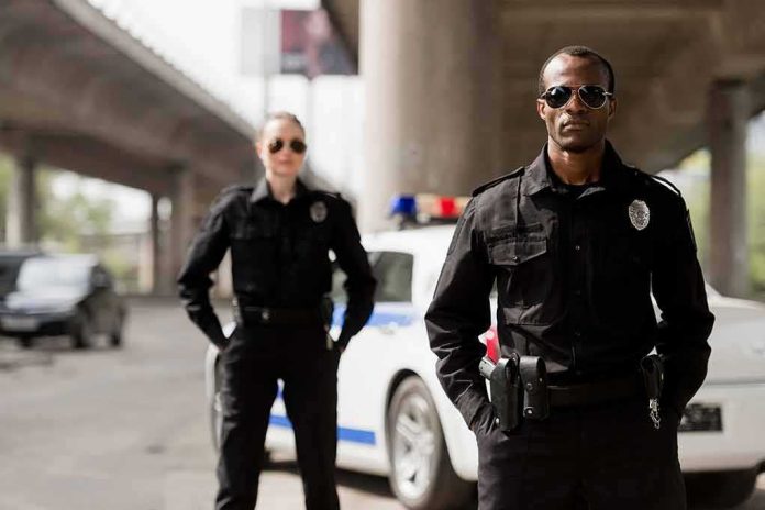 Two police officers standing by a patrol car under an overpass