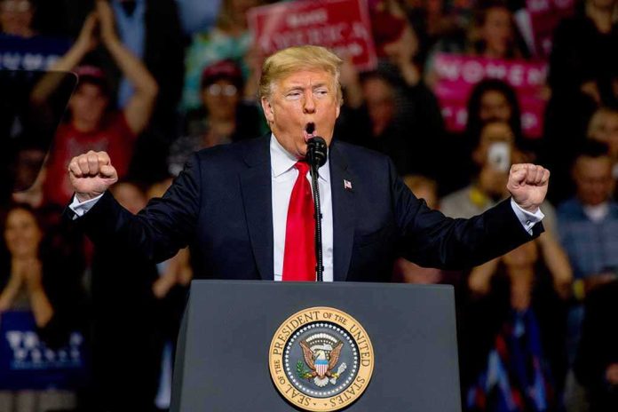shutterstock_1204270501-2 Donald Trump speaking at a rally podium with arms raised