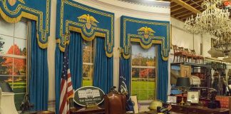 Trump Announces NEW White House Press Sec Oval Office-style desk and decor in a museum display