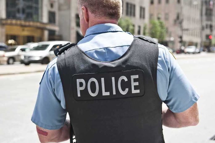 shutterstock_274907645 Police officer in uniform from behind on a city street
